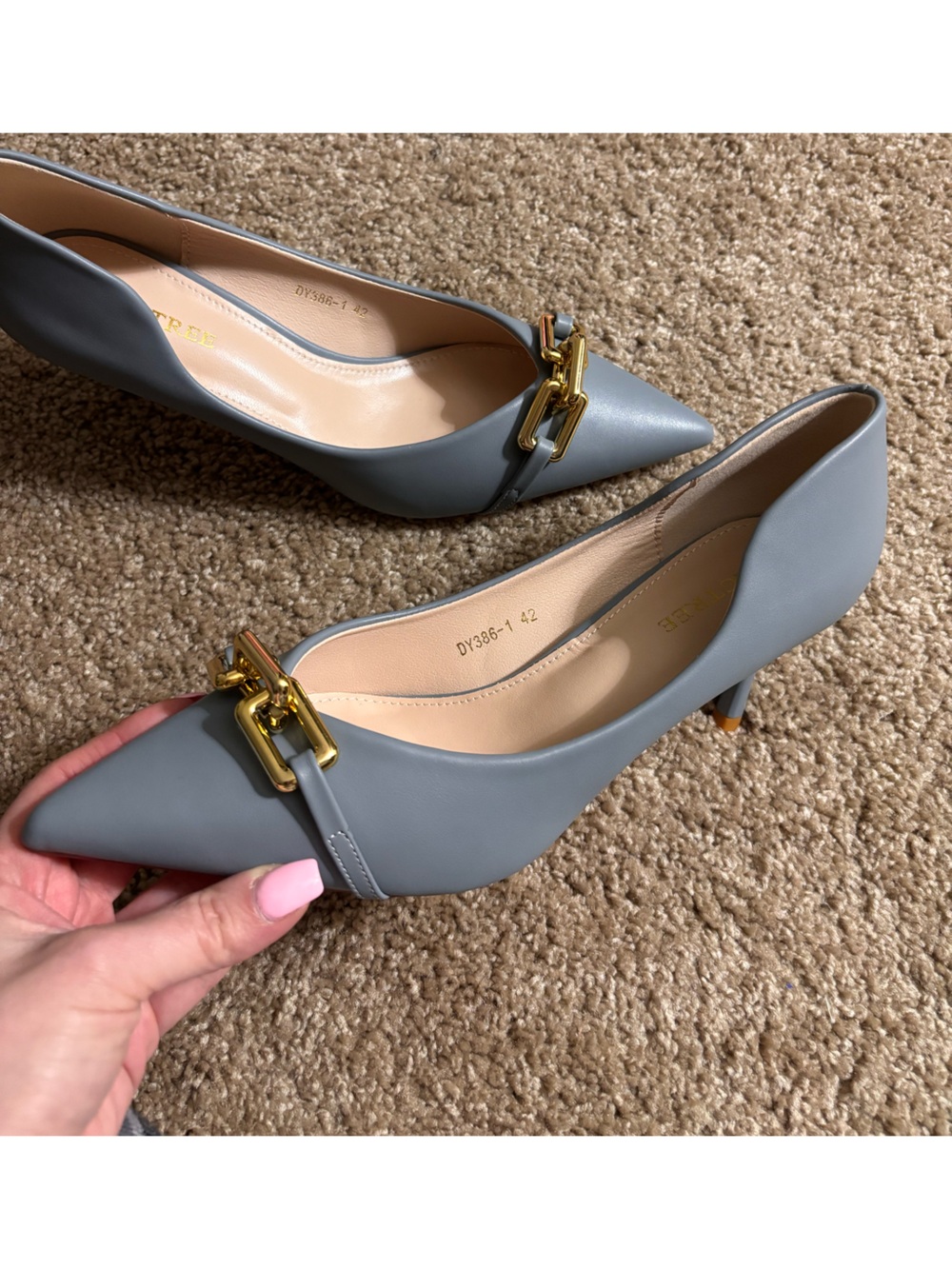 SHEIN Gray Pointed Kitten Heel Pumps with Gold Buckle